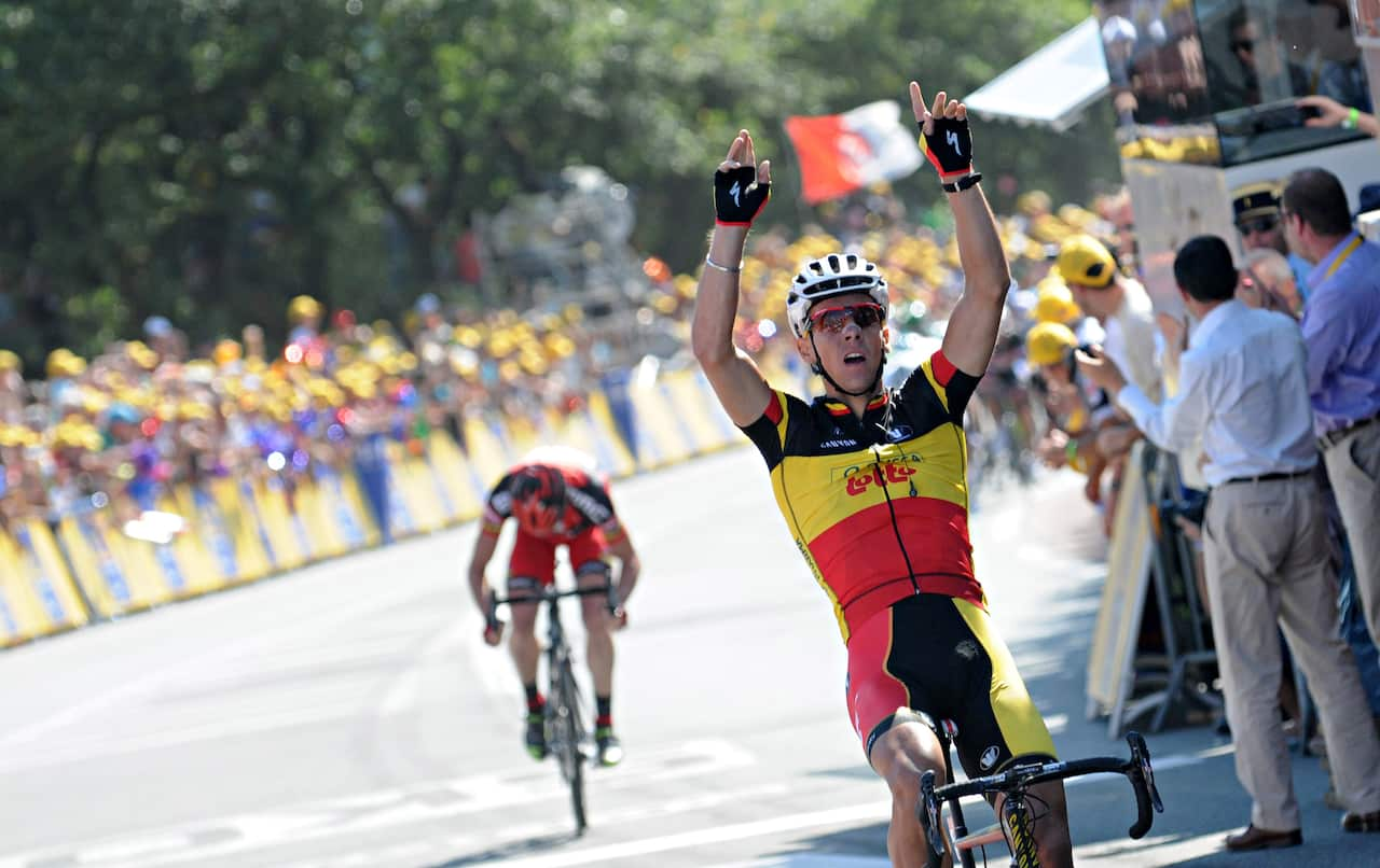 Philippe Gilbert celebrates winning stage 1 over Cadel Evans at the 2011 TDF from Passage du Gois La Barre-de-Monts to Mont des Alouettes  (Getty)