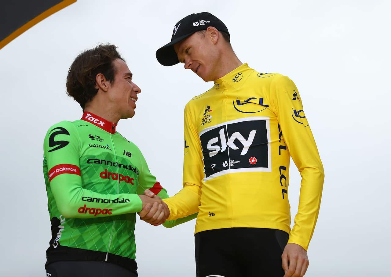 'Wanna swap podium places next year, Froomey?' 'Seriously, Rigo?'