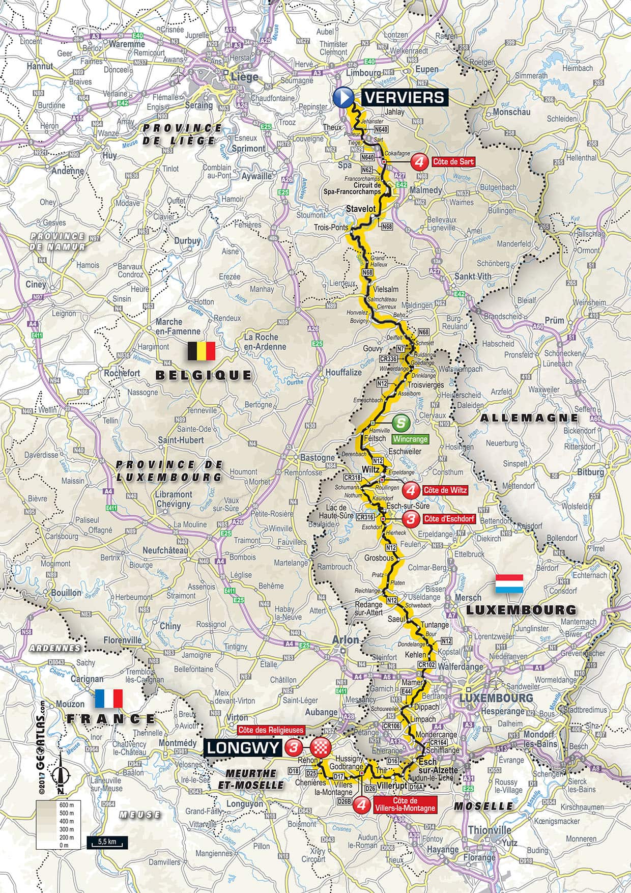 Start in Belgium, go to Luxembourg, end in France.