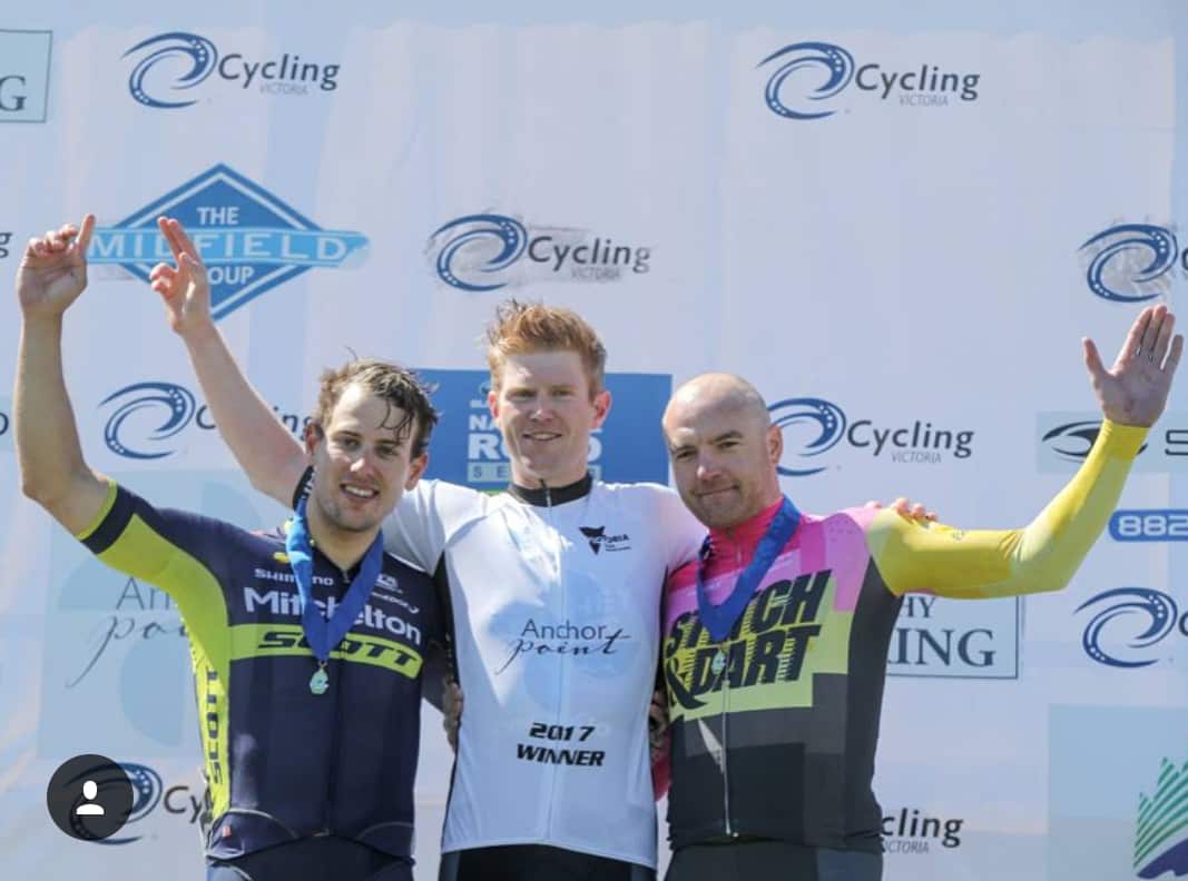 Tommy Nankervis (R) finished third to Nathan Elliot (C) and Sam Welsford (L) at the 2017 Melbourne to Warrnambool  (Supplied)