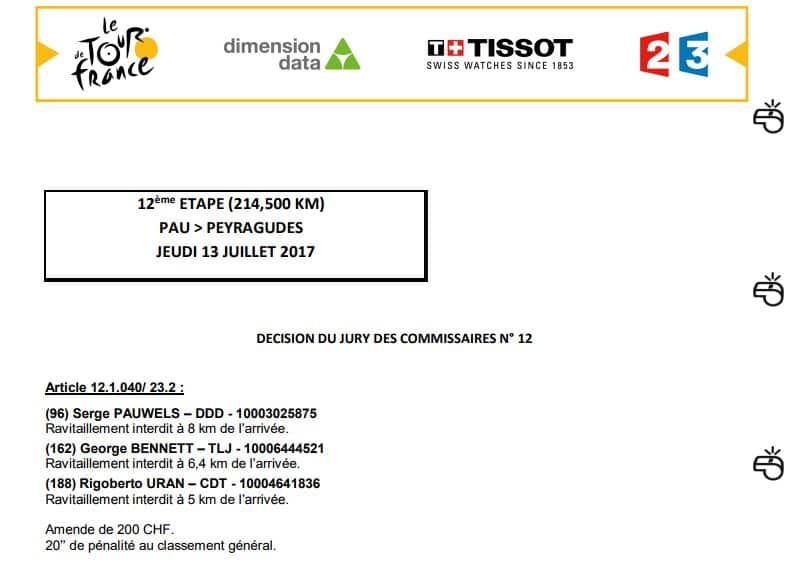 Fines on stage 12 for taking a bottle in the final 10km