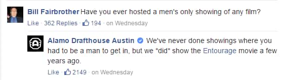 The Alamo Drafthouse's cool and calm responses received praise from supporters.