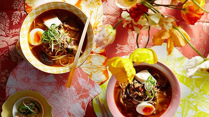 Spicy pork and miso udon noodle soup