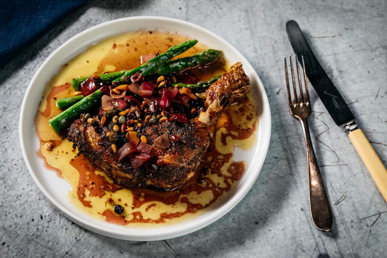 Spiced chicken maryland with olives, capers and preserved lemon