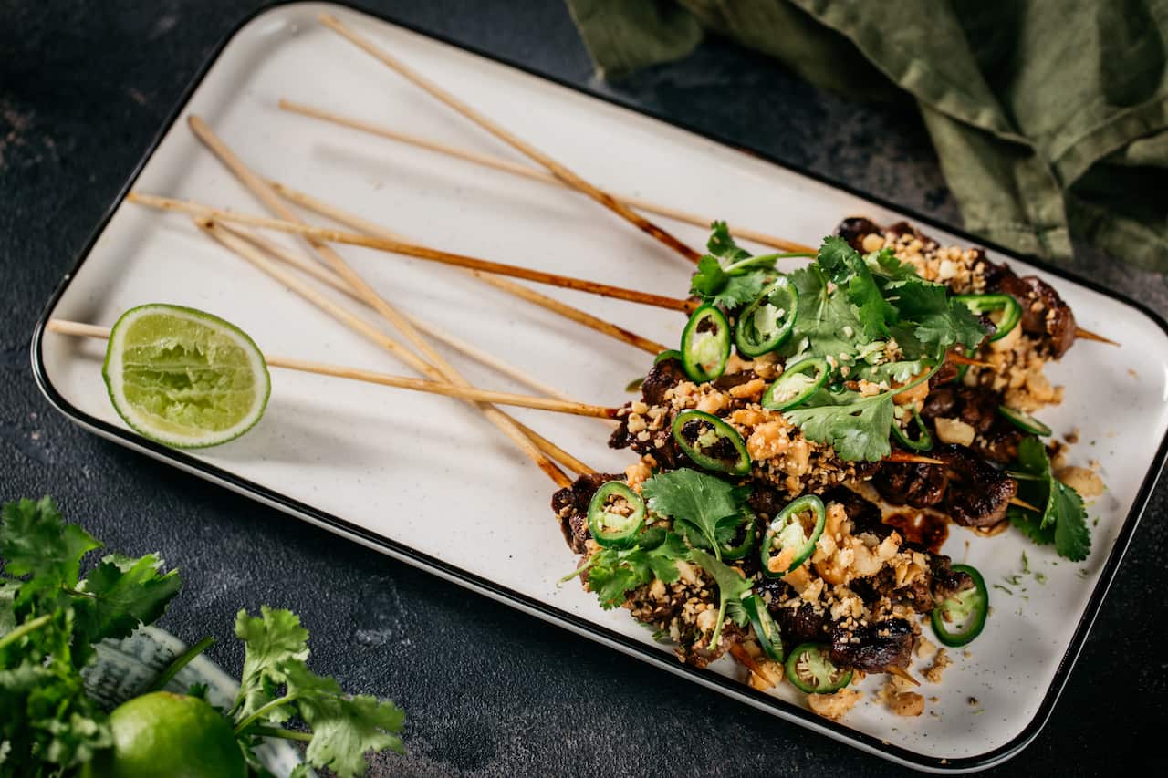 Venison skewers, soy, miso and macadamia