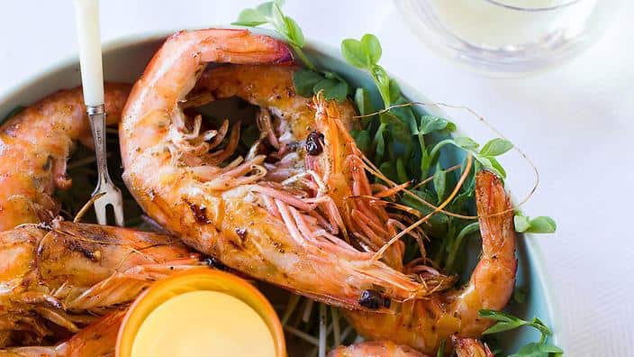 Grilled prawns with lemon myrtle and vanilla hollandaise