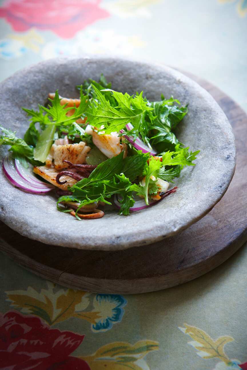 Barbecued squid and mizuna salad with herb and lime dressing