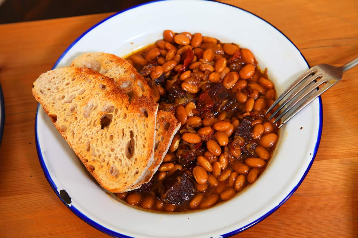 Baked beans with black pudding.