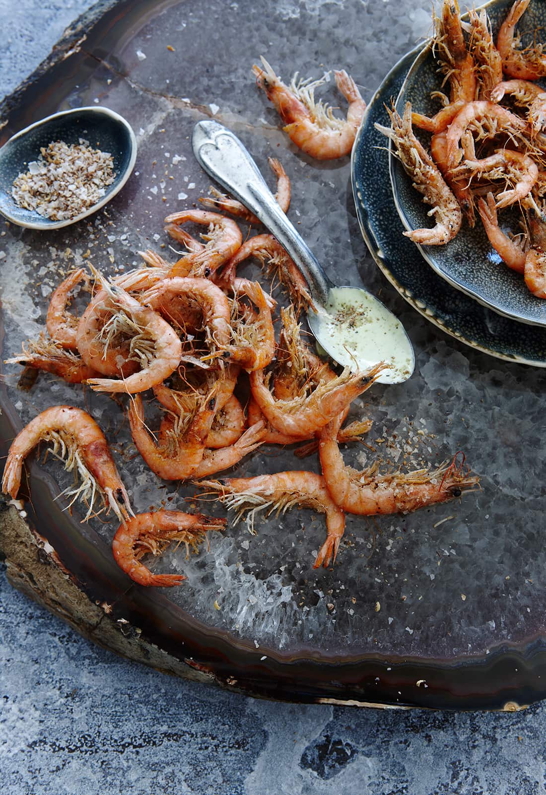 Salt and Sichuan pepper baby prawns with coriander and lime aioli