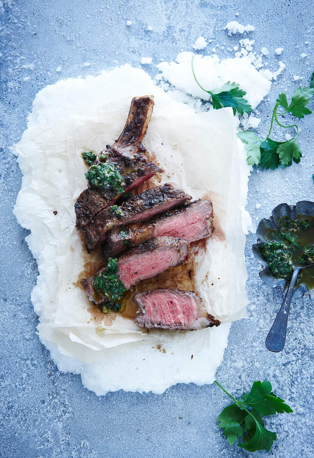 Grilled rib eye with porcini and peppercorn salt and lemony salsa verde