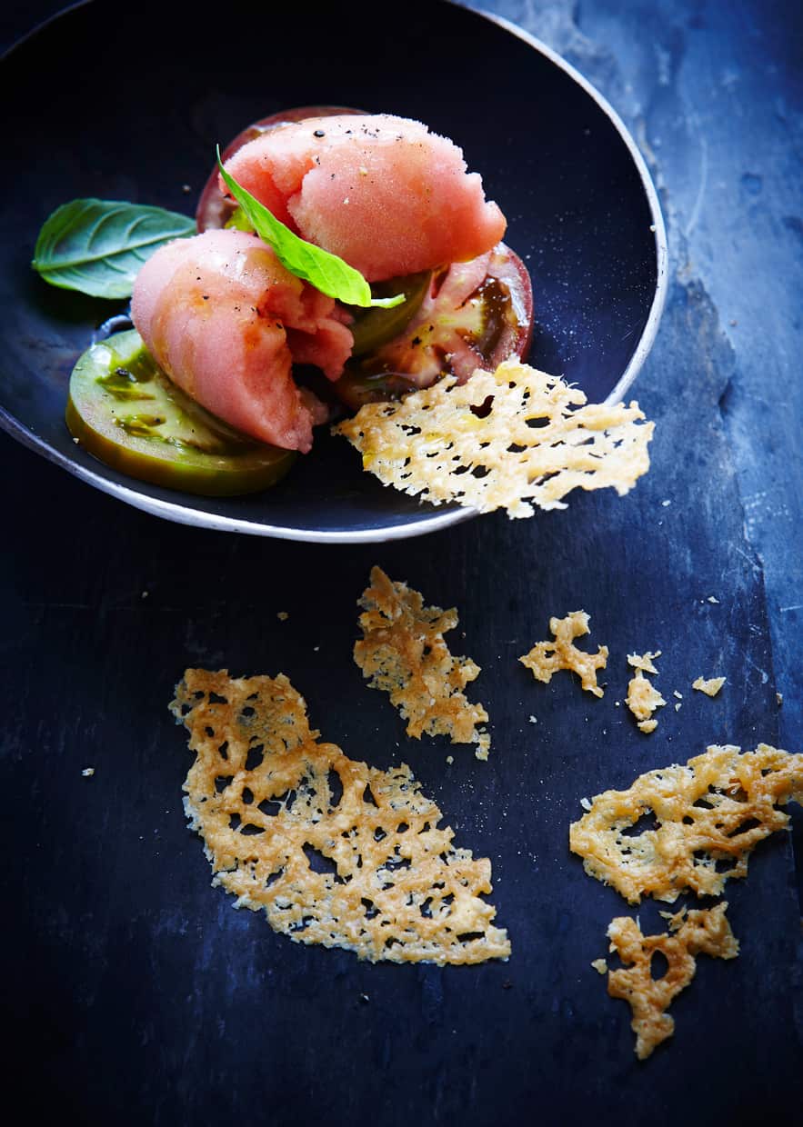Tea-smoked tomato sorbet with parmesan crisps 