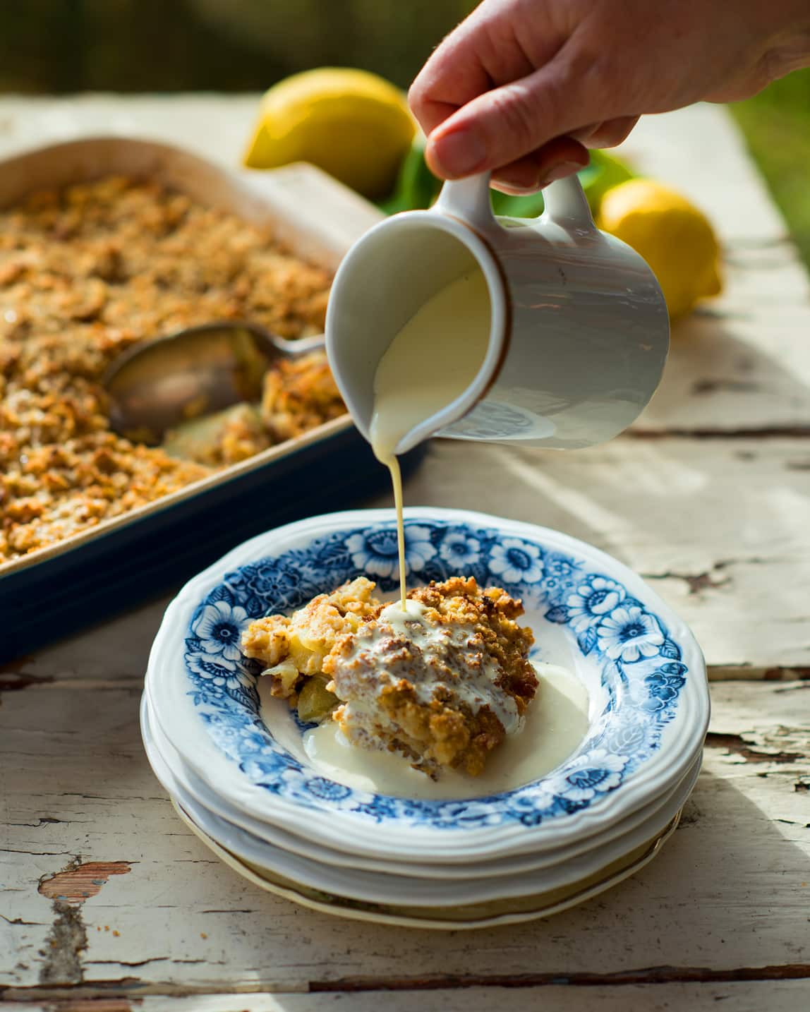Almond apple rum fruit pudding
