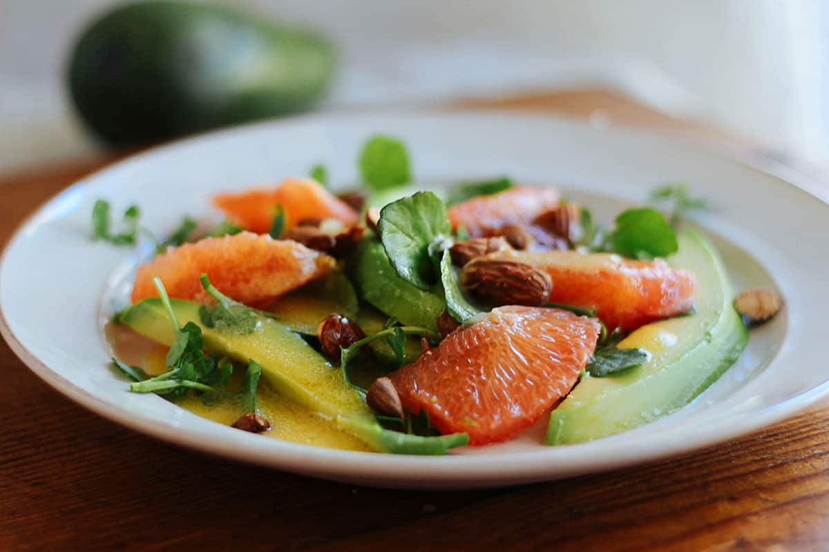 Avocado, pink grapefruit and tamari almond salad
