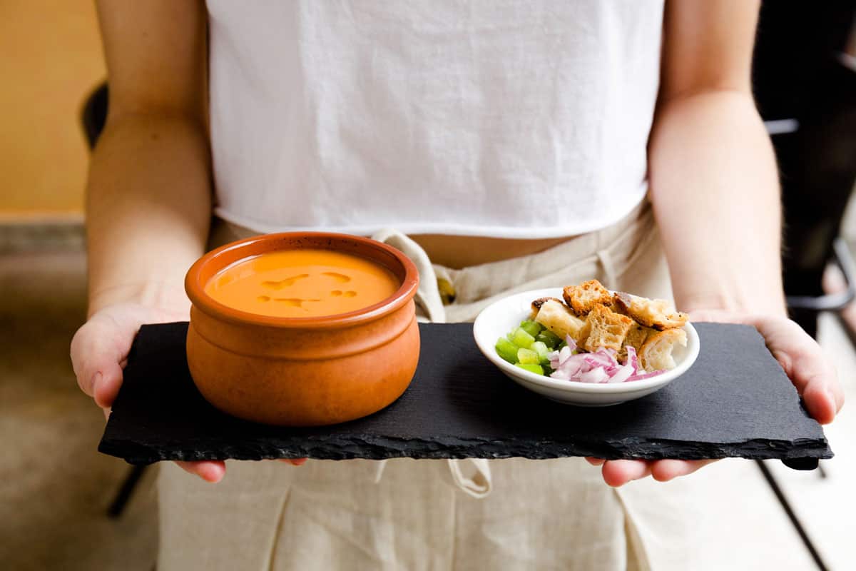 Gazpacho, Patatas Bravas and paella keep things traditional.