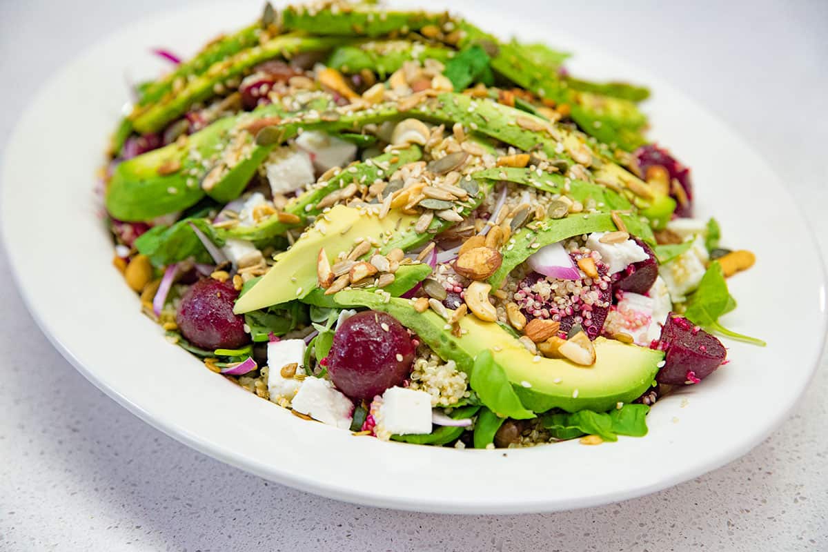 Beetroot, seeds and avocado quinoa salad