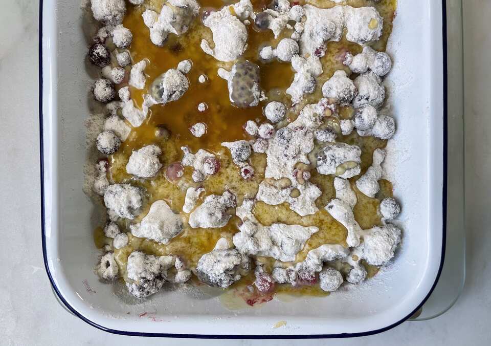 Between crumble and cobbler is this nomix cake SBS Food