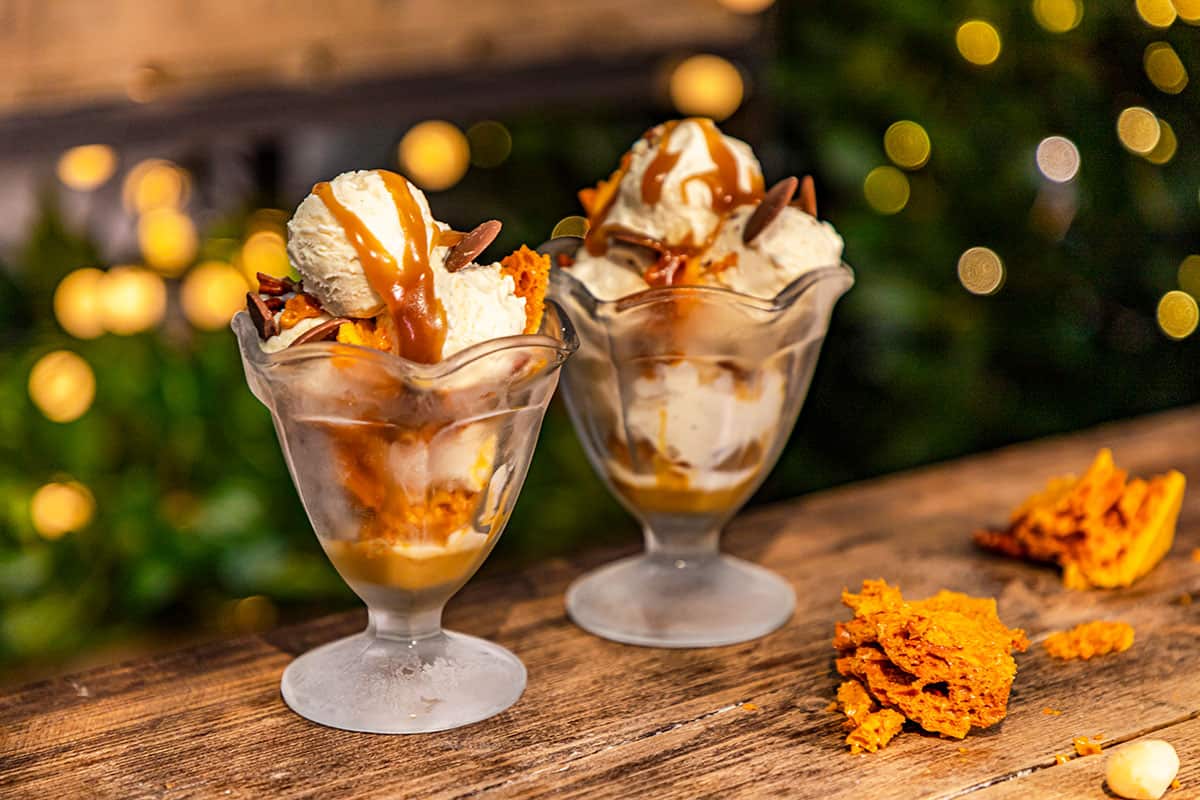 Homemade honeycomb ice cream sundae