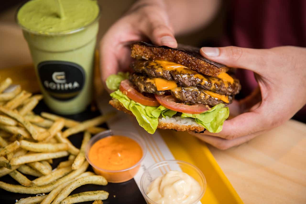 Gojima Cheeseburger and Green Tea thickshake with salted-seaweed fries.