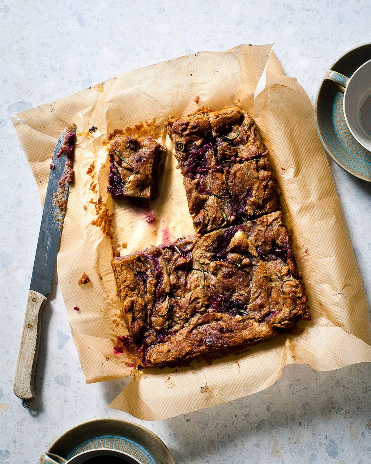 White chocolate, blackberry and rosemary mud slice