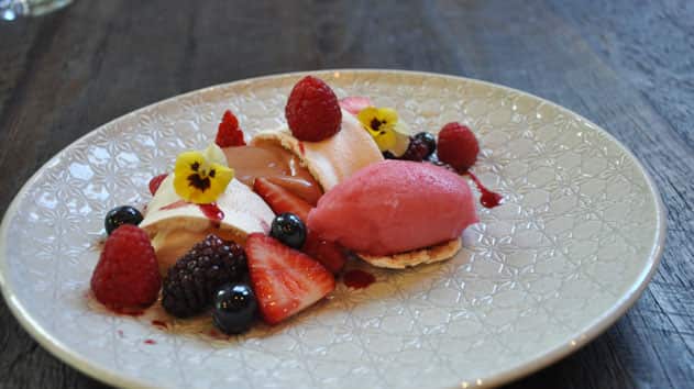 Pavlova with rose sorbet and quandong cream