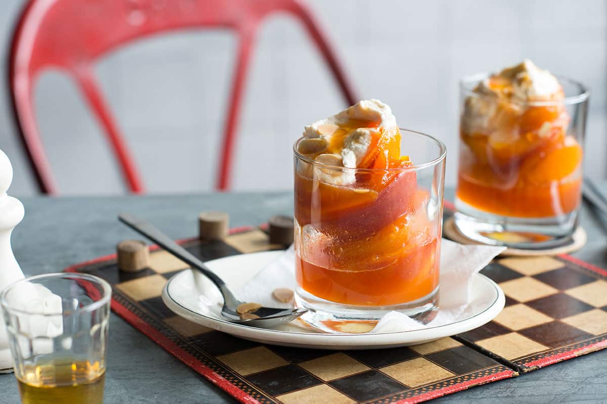 Peaches and apricots poached in Jurancon wine