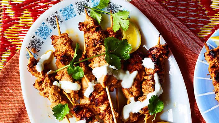 Peanut butter chicken skewers with ginger yoghurt