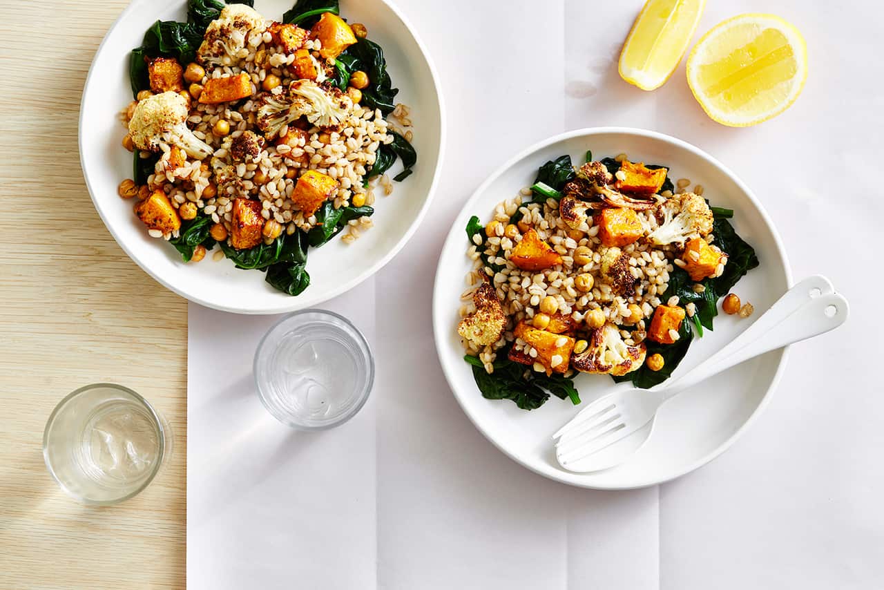 Pearled barley, blistered cauliflower and chickpeas