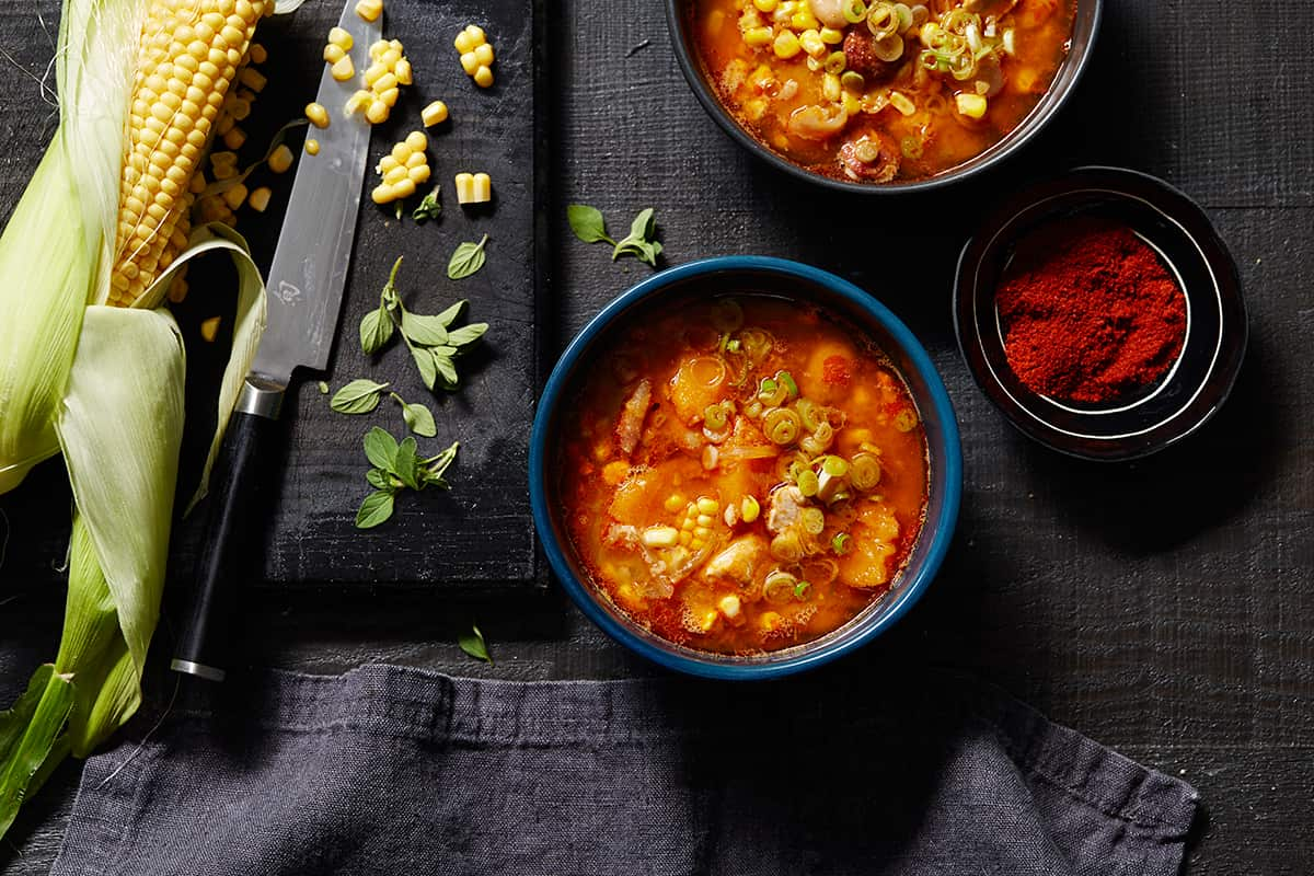 Argentinian-style pork, pumpkin and corn soup (locro Argentino)