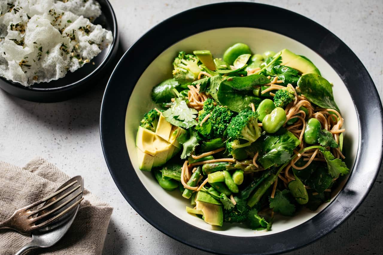 Broad bean, asparagus and soba noodle salad