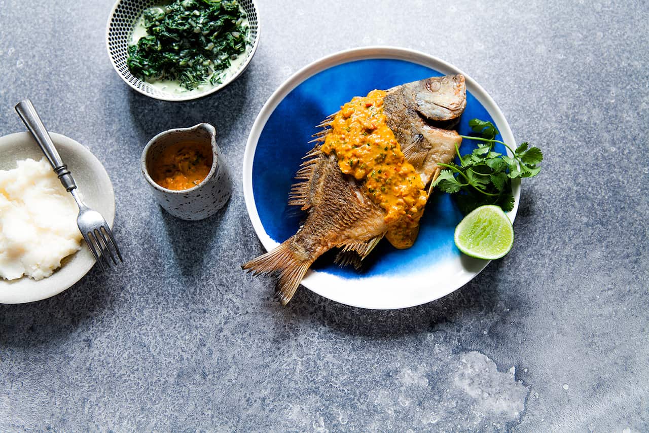 Tilapla with ugali and silverbeet