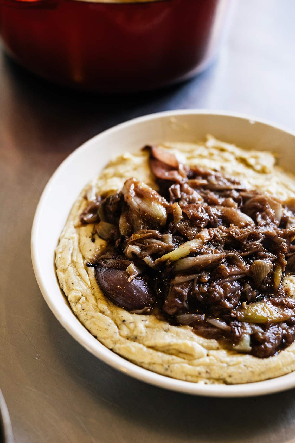 Roasted onions in truffle lard with polenta