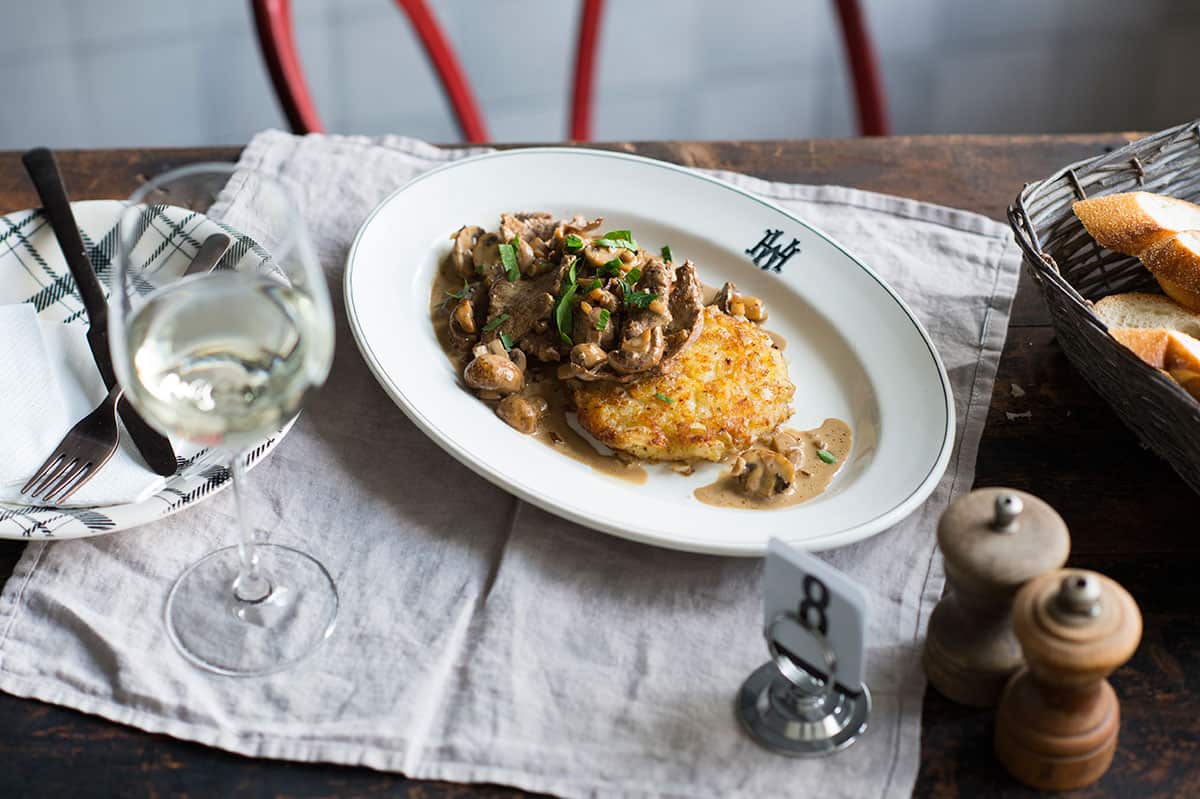 Veal and mushroom sauce and rosti