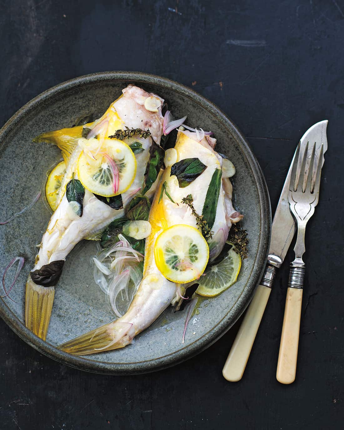 Whole baked leatherjacket with wine and herbs