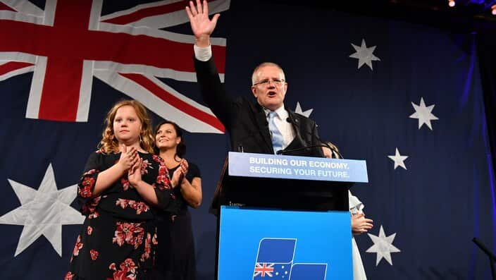 Prime Minister Scott Morrison on election night at the Wentworth Sofitel Hotel, Sydney.