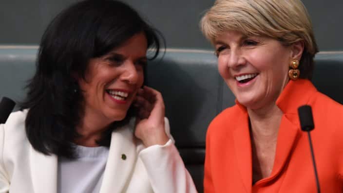 Former Australian Foreign Minister Julie Bishop (right) speaks to Liberal backbencher Julia Banks during House of Representatives Question Time at Parliament House in Canberra, Monday, September 10, 2018. (AAP Image/Lukas Coch) NO ARCHIVING