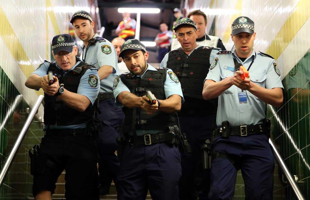 NSW Police undergo training exersice in the case of a high-risk incident at Centrail Railway Station.