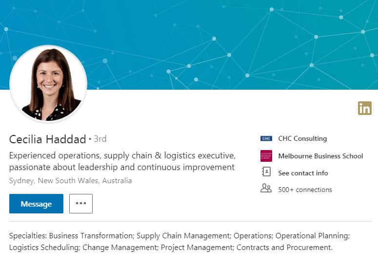 A screen shot of Cecilia Haddad's LinkedIn profile