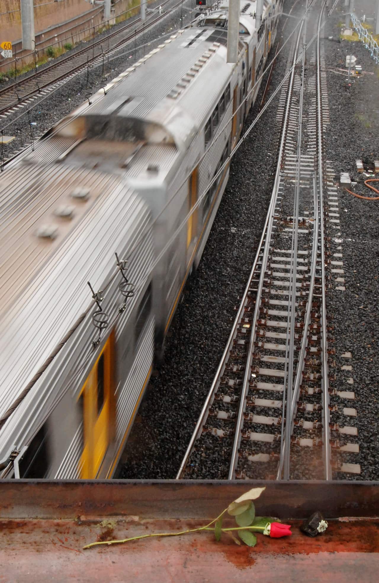 A single rose lies above the train tracks at the site of the Granville Train Disaster.