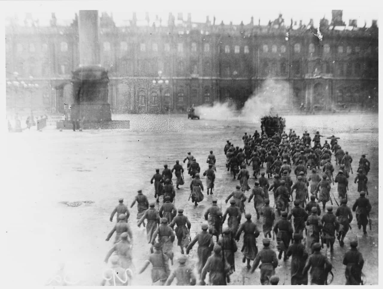 A staged reconstruction of the storming of the Winter Palace in October 1917.