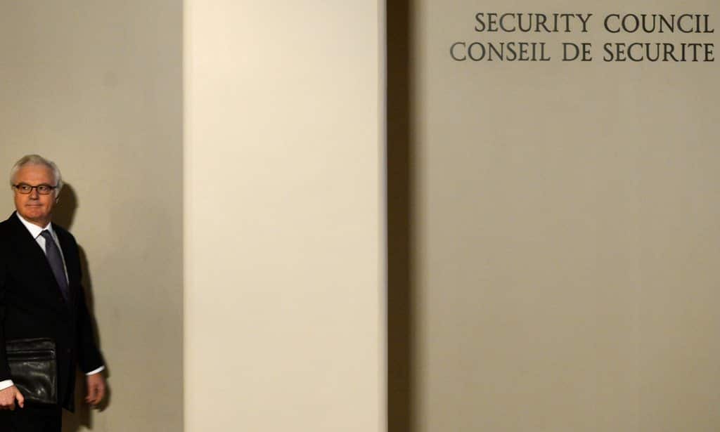 Vitaly Churkin, Russia's Ambassador to the United Nations, arrives for a closed Security Council consultation meeting about the situation in Ukraine at UN headquarters in New York, 6 March 2014. (AAP)