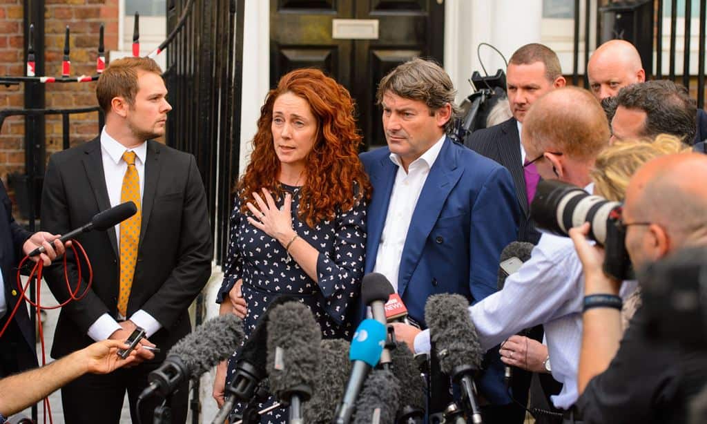 Rebekah Brooks and her husband Charlie Brooks make a statement outside a property in central London, following their acquittal in the hacking trial. (Dominic Lipinski/PA Wire)