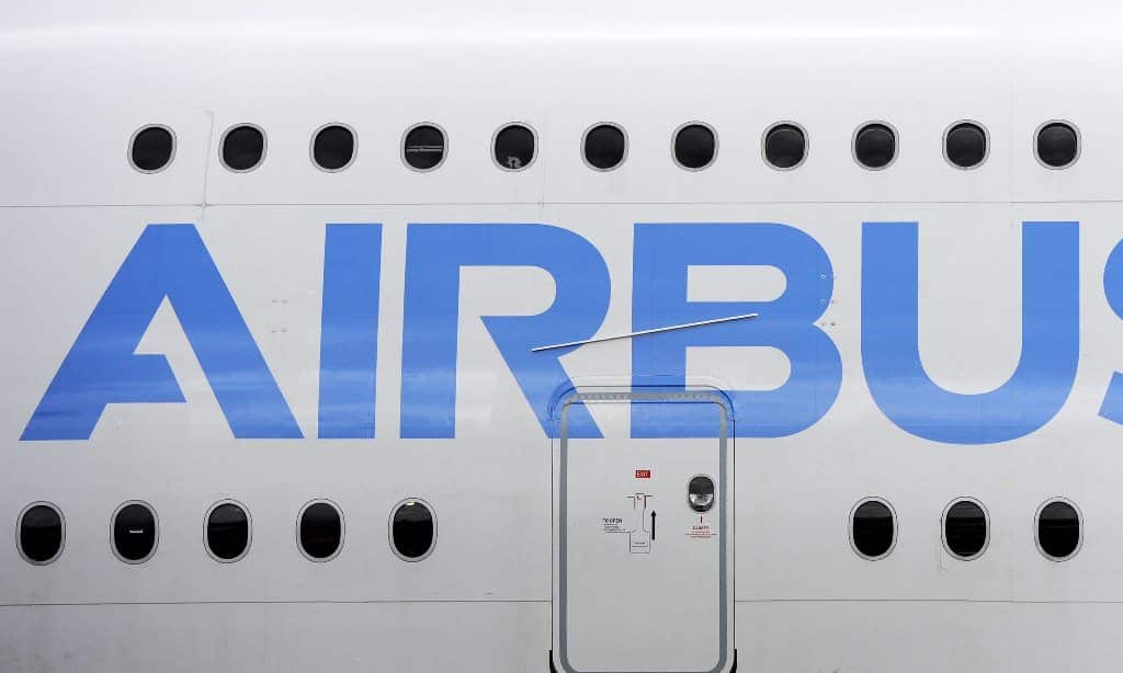 The Airbus logo on the A380 at the Farnborough AIrshow in Farnborough, Hampshire, south east England, 15 July 2014. ( EPA/Andy Rain)