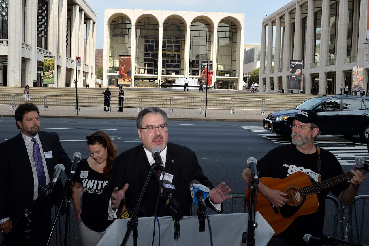 Union President Tino Gagliardi speaks at a rally outside the Metropolitan Opera.