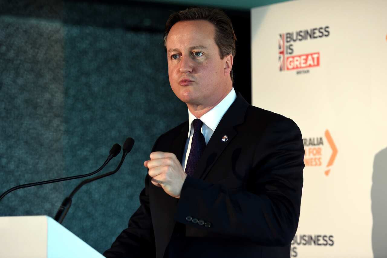 UK Prime Minister David Cameron addresses an infrastructure business breakfast at the Barangaroo Delivery Authority in Sydney, 2014.
