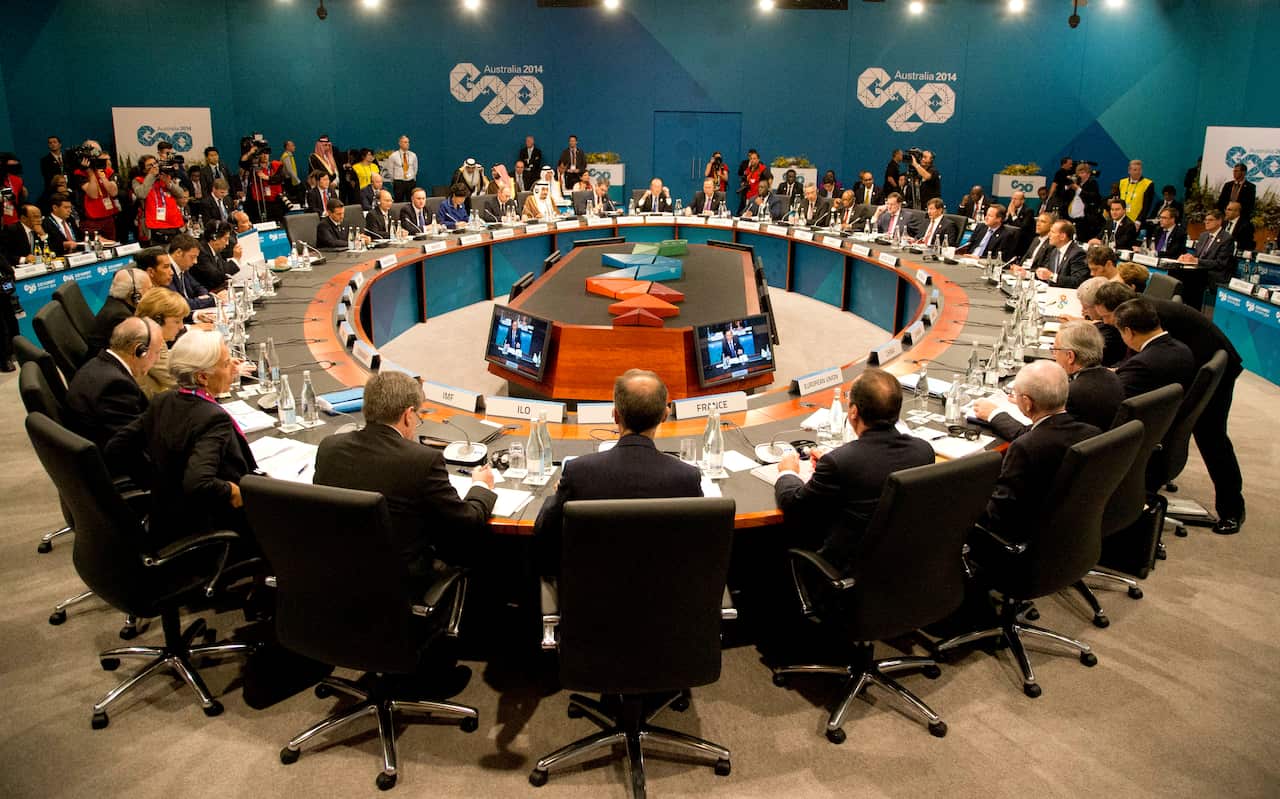 World leaders meet during the first plenary session at the G20 summit in Brisbane. (AAP)