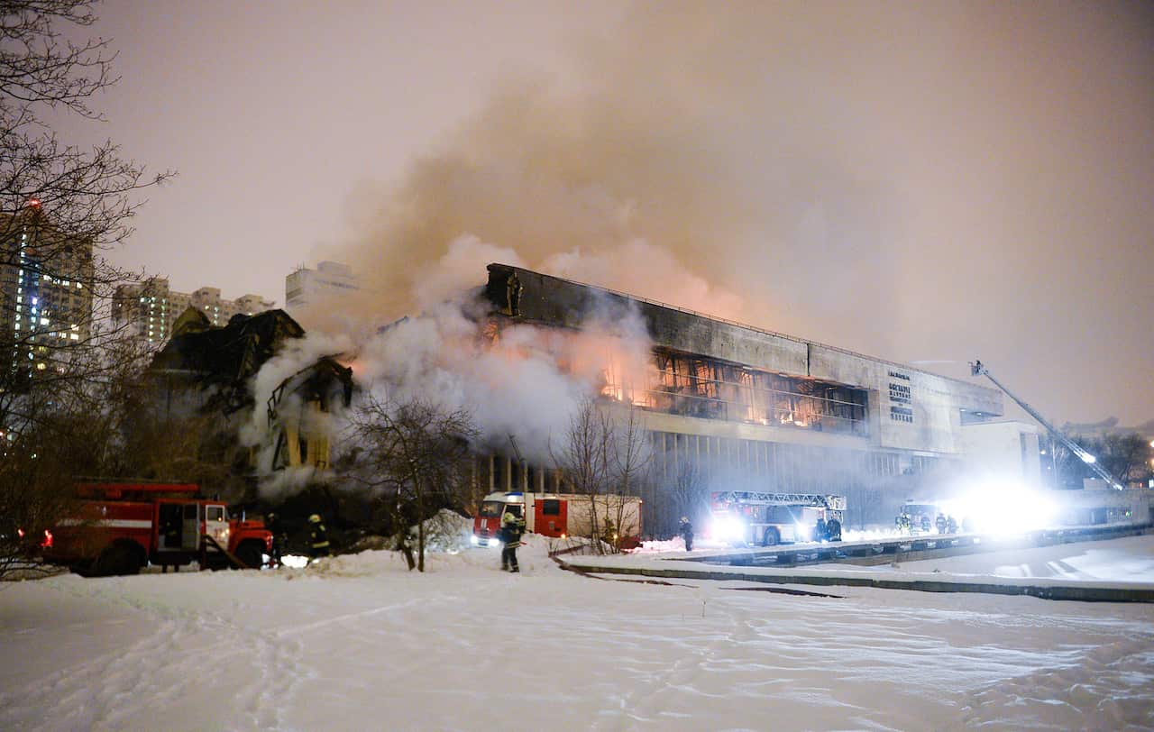 Fire at library of the Russian Academy of Sciences in Moscow, Saturday, Jan. 31, 2015. 