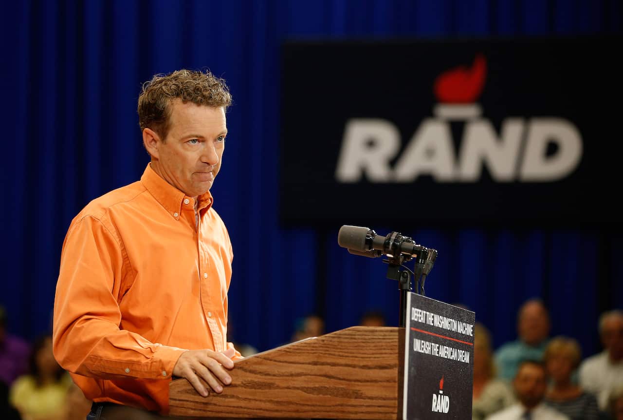 Republican Presidential candidate Senator Rand Paul speaks at a rally April 11, 2015, in Las Vegas. (AP Photo/John Locher)