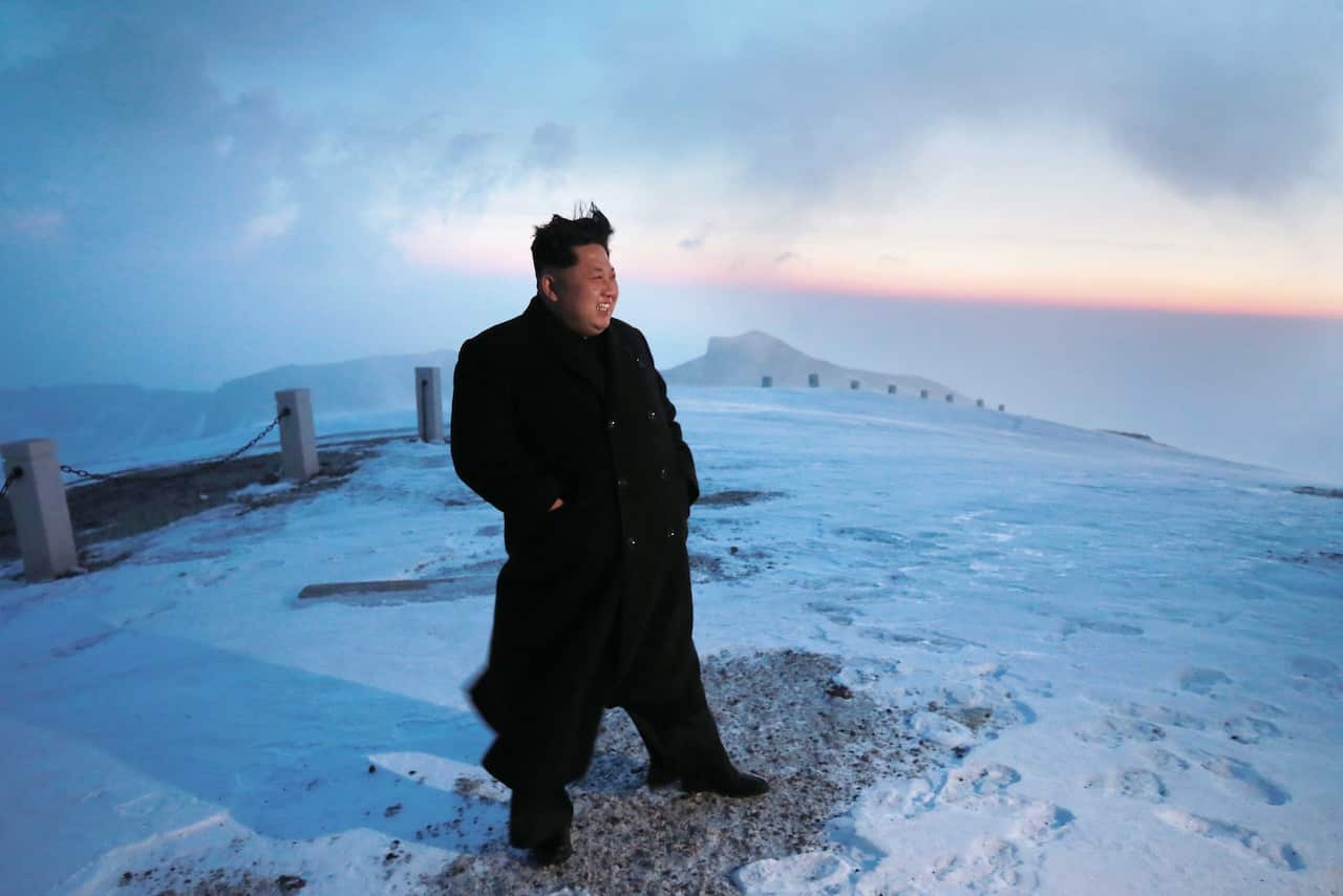 A picture made available on 19 April 2015 by the Korean Central News Agency (KCNA) shows North Korean leader Kim Jong-un on Mount Paekdu. (EPA/KCNA)