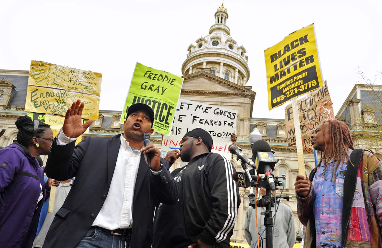 File photo: Edward Brown speaks at a protest outside City Hall about Freddie Gray in Baltimore, Monday, April 20, 2015 