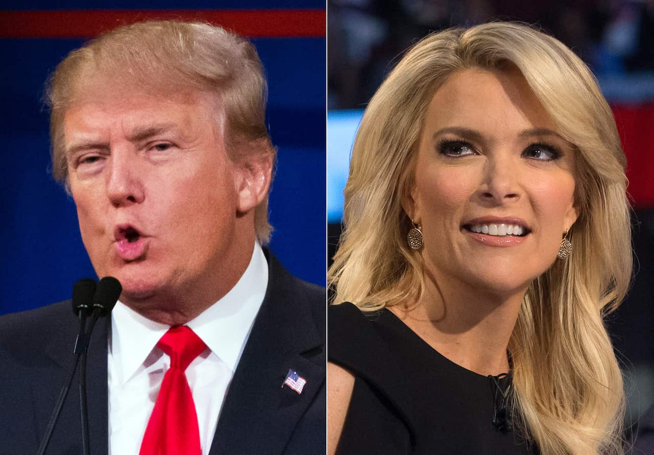 Photos shows republican presidential candidate Donald Trump, left, and Fox News Channel host and moderator Megyn Kelly. (AAP)